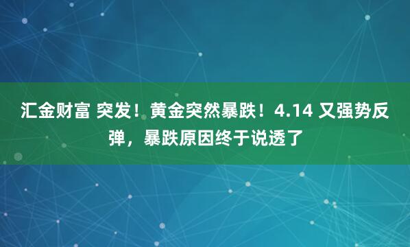 汇金财富 突发!黄金突然暴跌!4.14 又强势反弹,暴跌原因终于说透了